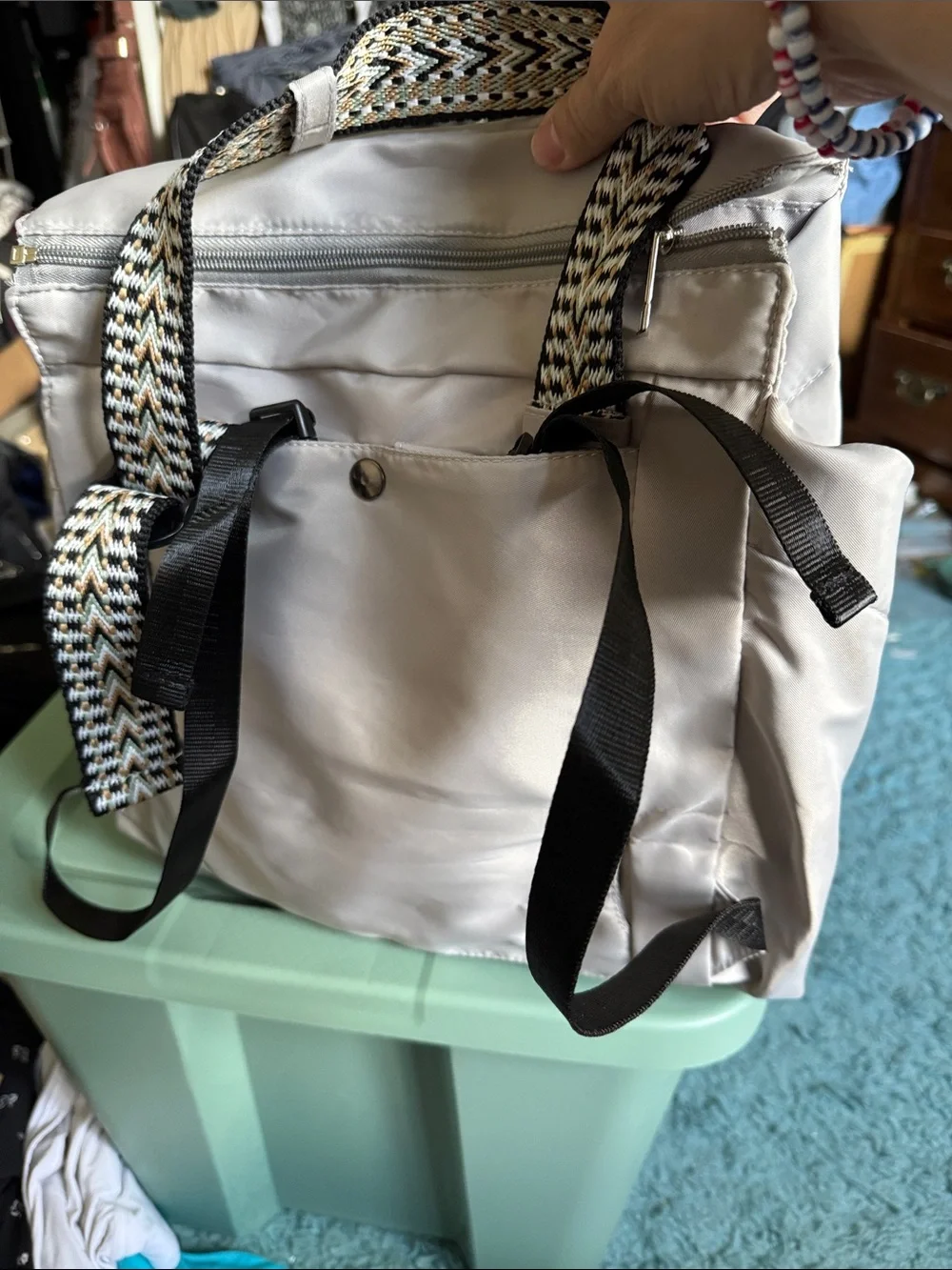 Emma & Kate Light Gray Women's Backpack Tote with Patterned Straps